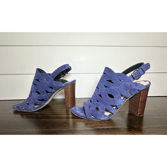 Via Spiga‎ Galore Swirl Strap Chunky Heel Sandals Blue Suede Women's SIZE 7 - Picture 2 of 9